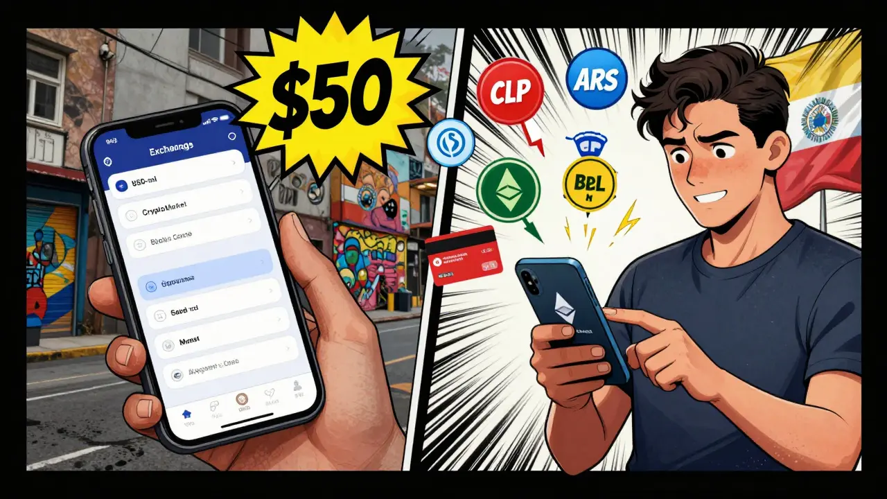 Split scene: frustrated user on global exchange vs. happy user buying ETH locally with debit card on CryptoMarket.