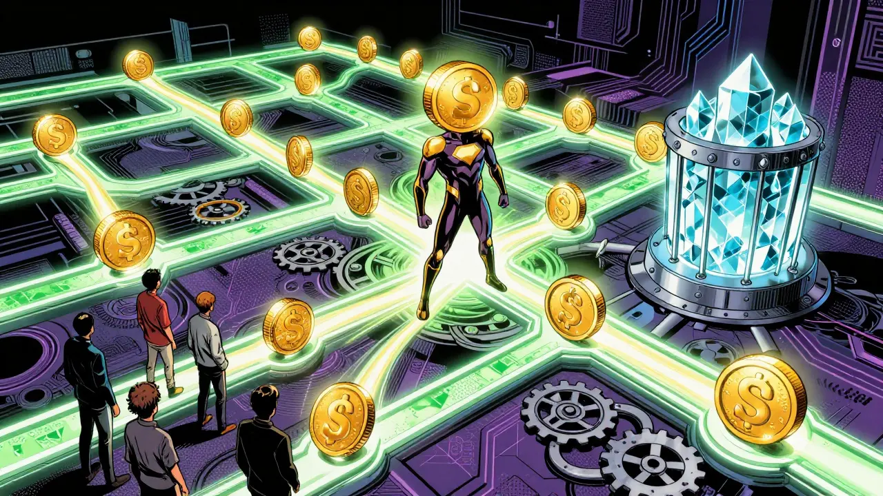 SUSHI superhero directing token fee streams to liquidity providers and staking vault in energy grid