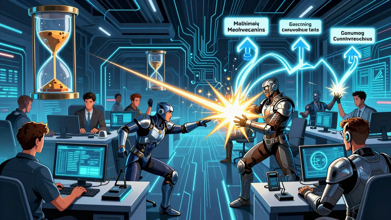 Tech team activating milestone-based vesting with glowing checkpoints for mainnet and user adoption.