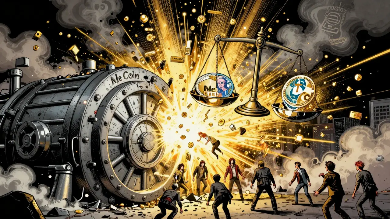 The Me Coin vault explodes as investors fall away, with pesos and blockchain code balancing above.
