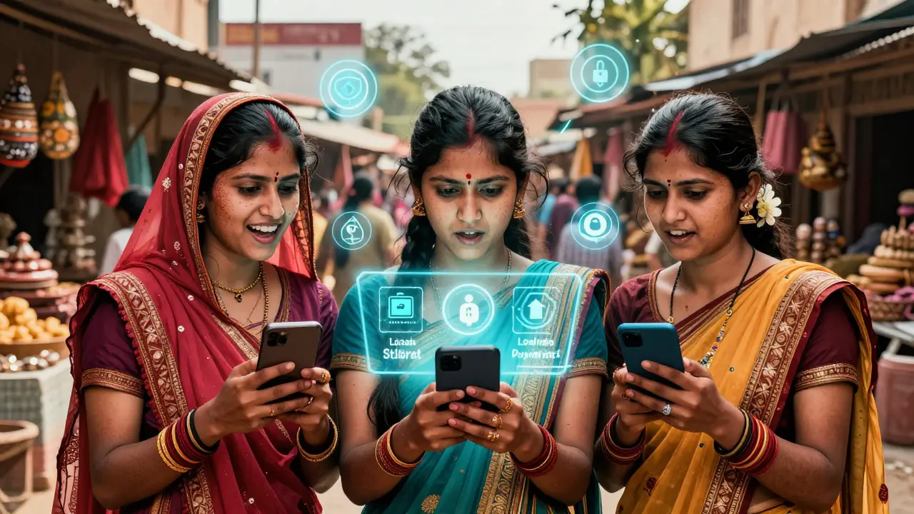 Three women in India interact with a holographic smart contract that automatically divides payments on their phones.