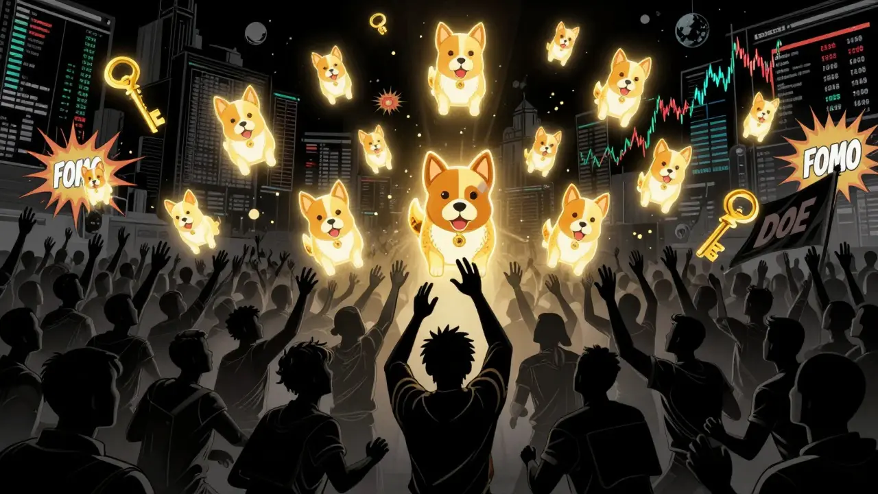 150 glowing NFT dog tokens in a chaotic battle against thousands of reaching wallet figures, with crashing price charts in the background.