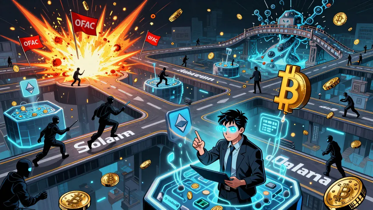 A chaotic DeFi multiverse with cross-chain bridges and flagged pools, monitored by an AI detective.