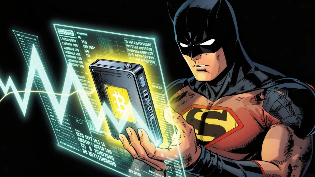 A character holds a hardware wallet device protected by energy barriers.