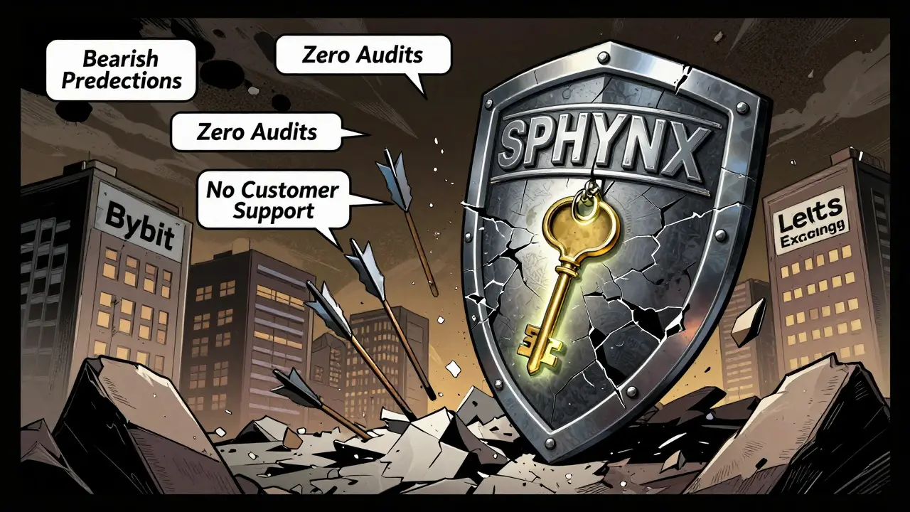 A cracked SPHYNX token shield falls apart under bearish arrows and missing support, with a lone private key glowing nearby.