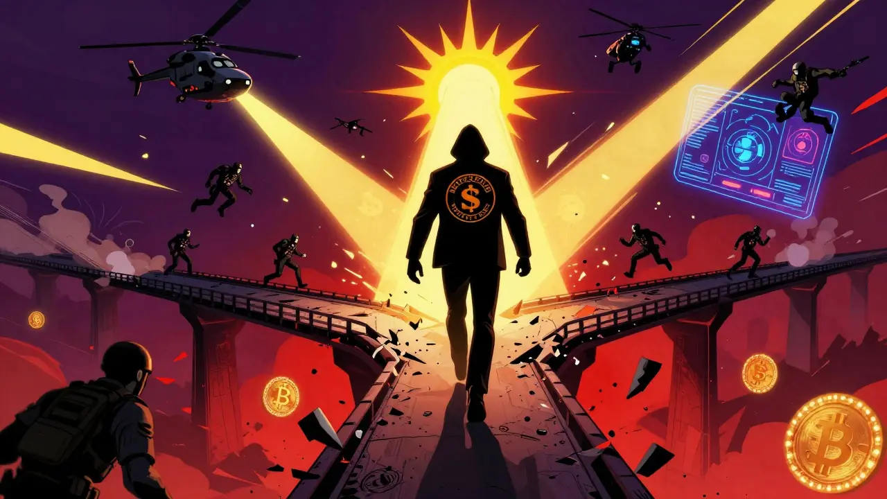 A crypto criminal fleeing across collapsing cross-chain bridges as global agents close in.