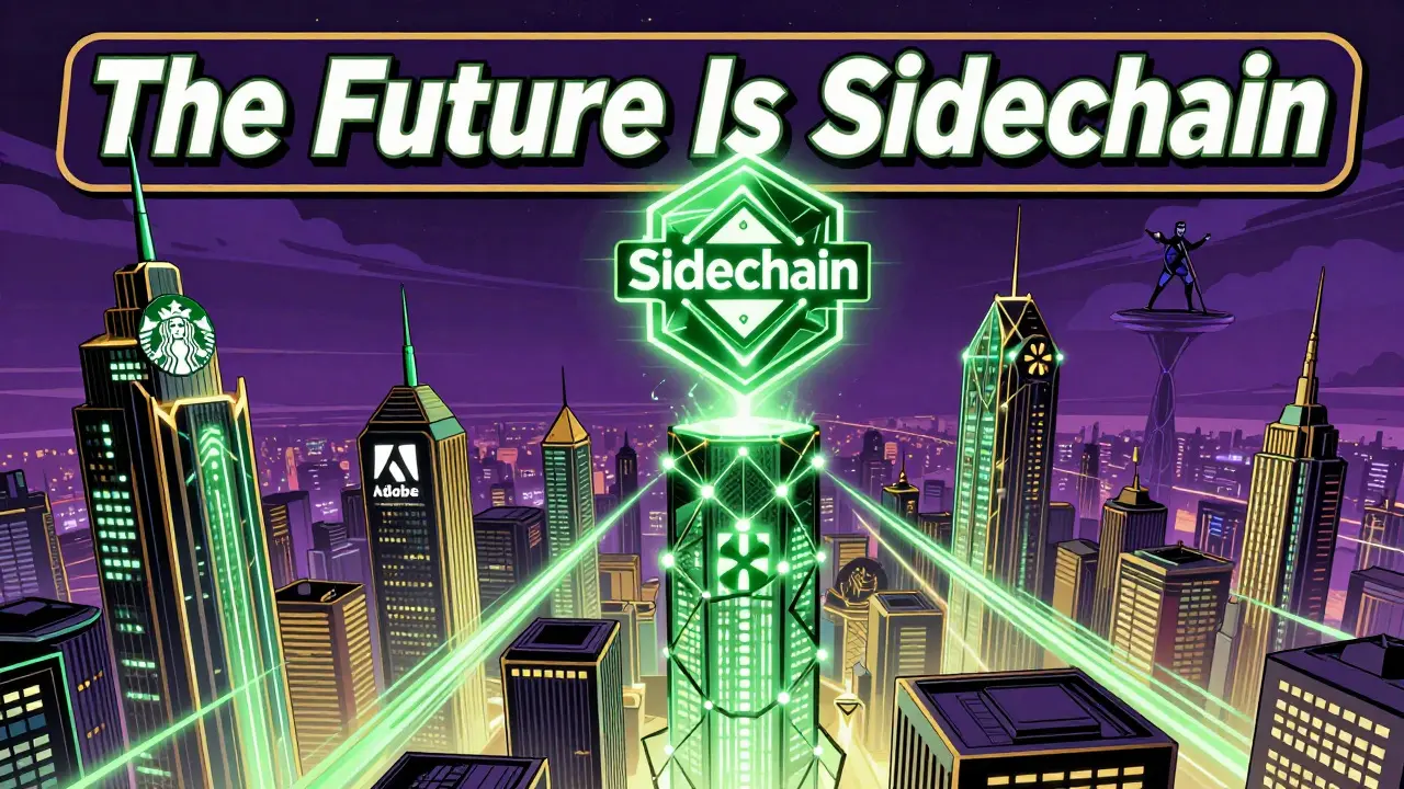 A cyberpunk city powered by sidechains, with major brands glowing on towers under a massive sidechain emblem in the sky.