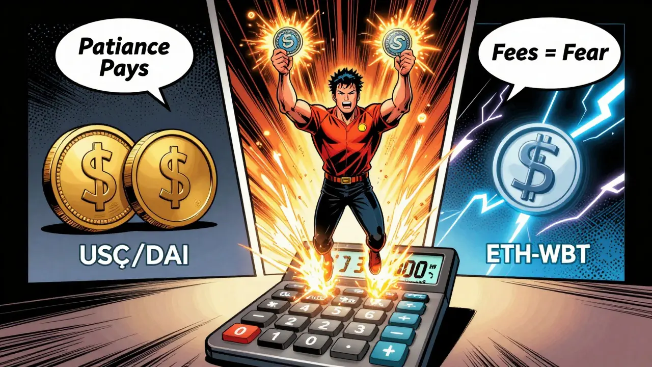 A DeFi user holds LP tokens aloft as fee rewards explode into fireworks, with stable and volatile trading pairs shown side by side.