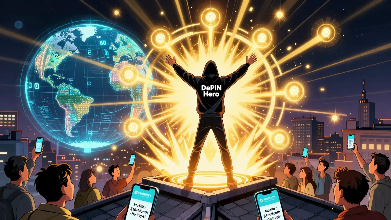 A DePIN hero activates Proof-of-Coverage beacons verified by 12 hotspots, while data flows to a global map and mobile users celebrate low-cost service.