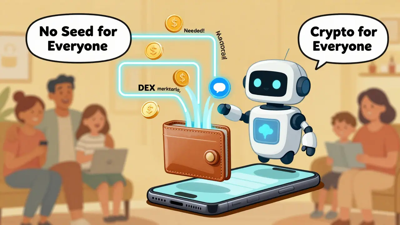 A friendly robot-shaped wallet auto-generates from a phone, sending BOT tokens to games, DEX, and messenger apps with no seed phrases needed.