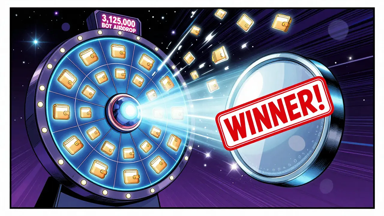 A giant lottery wheel spins in space, releasing 200 glowing wallets as fireworks, with one winner highlighted under CoinMarketCap stars.