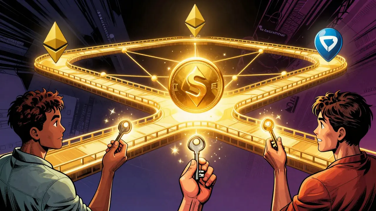 A golden blockchain bridge connects four networks with the SHA token at its center, as three people hold glowing key fragments.