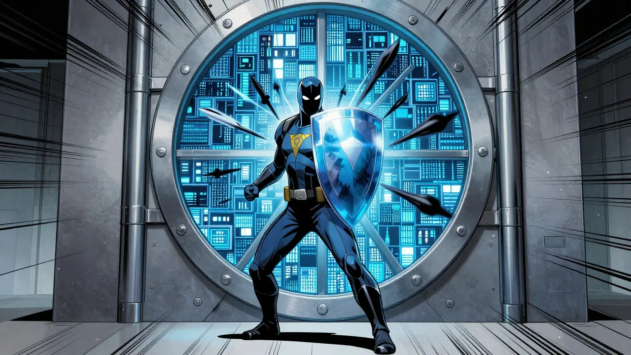 A hero stands before a secure vault blocking shadowy attack vectors.