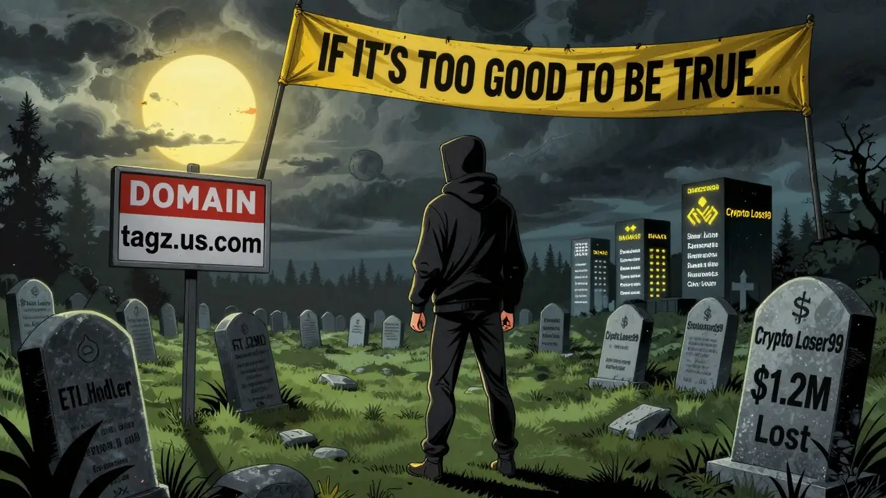A lone figure stands before a crypto graveyard of lost users, with a 'Domain for Sale' sign in the distance.