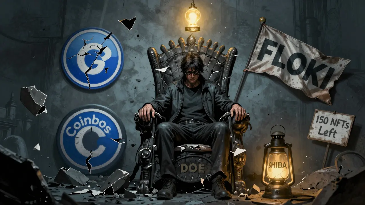 A lone trader on a crumbling throne surrounded by broken crypto symbols, with one faint reward light glowing above.