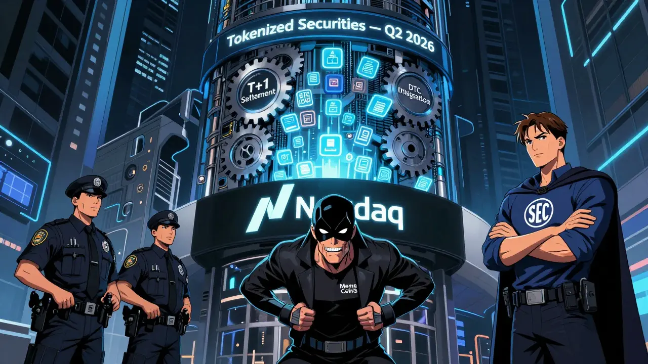 A massive blockchain machine transforms bonds into tokens under SEC supervision, while meme coins are restrained by regulators.