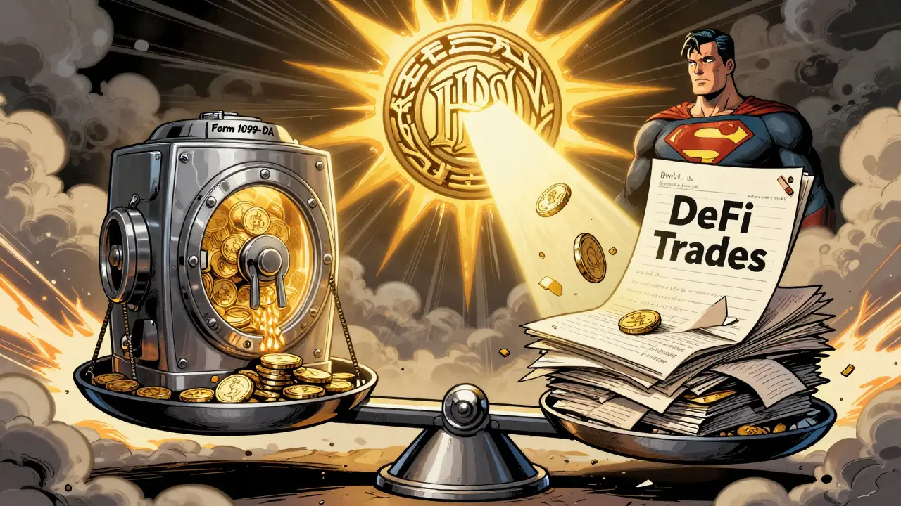 A massive scale balances IRS reporting on one side and chaotic DeFi trades on the other, under a glowing IRS emblem.