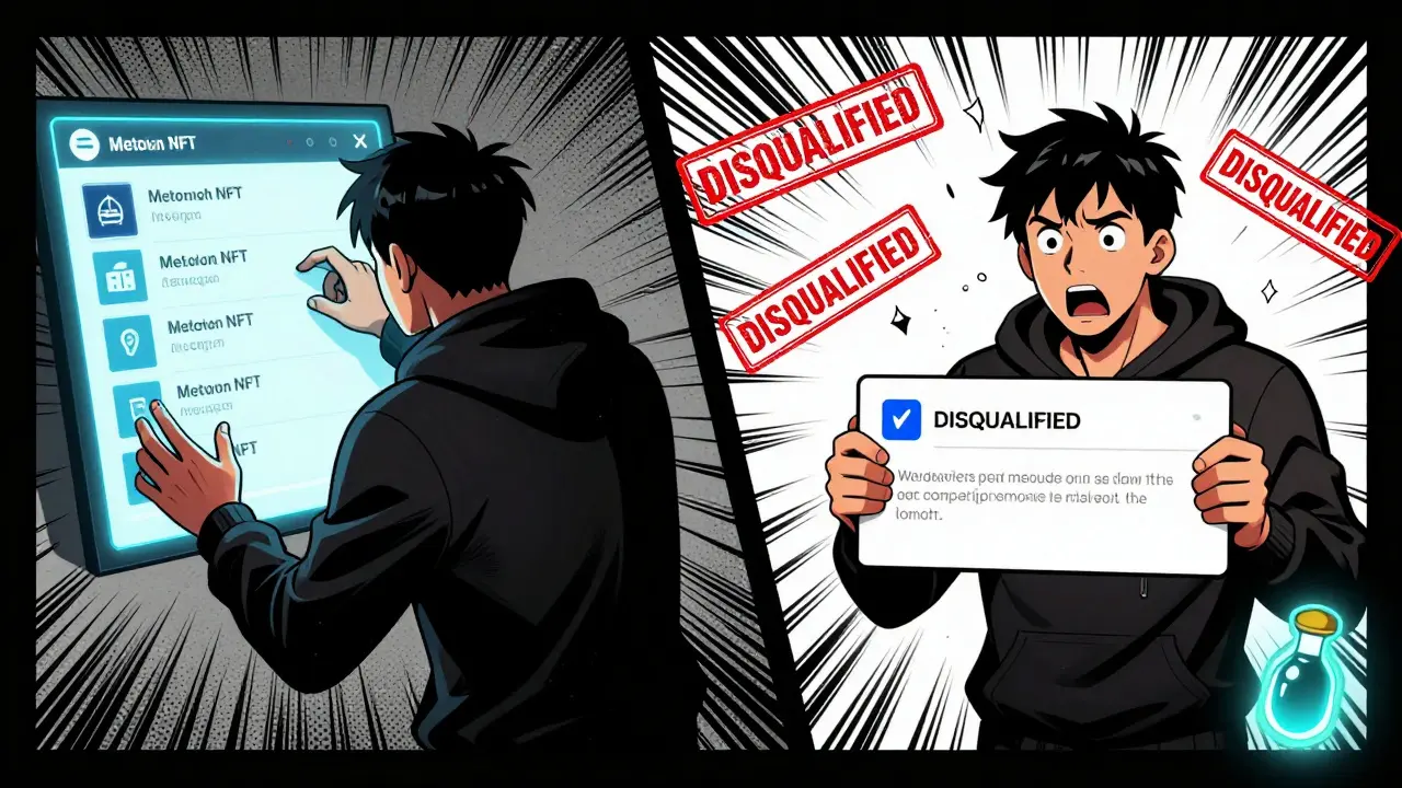 A player shocked as a blockchain snapshot destroys their eligibility, with one panel showing them listing their NFT and another showing the disqualification.
