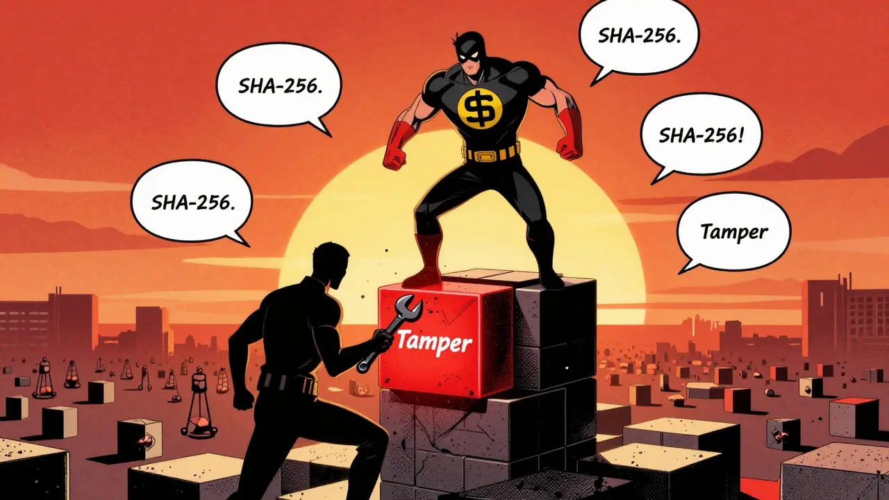 A superhero with a hash-symbol mask stops a villain from tampering with a blockchain tower, surrounded by nodal defenders.