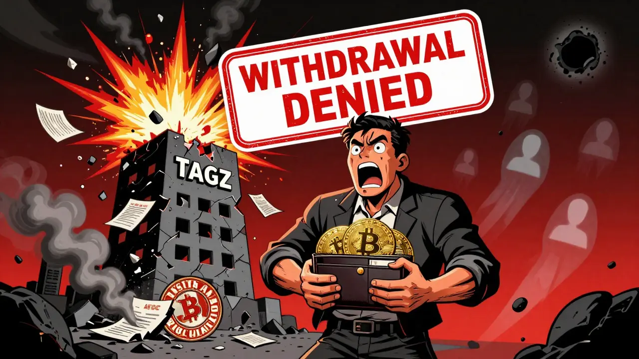 A trader frozen as a withdrawal denial stamp crushes them, while TAGZ crumbles behind in sparks and lies.