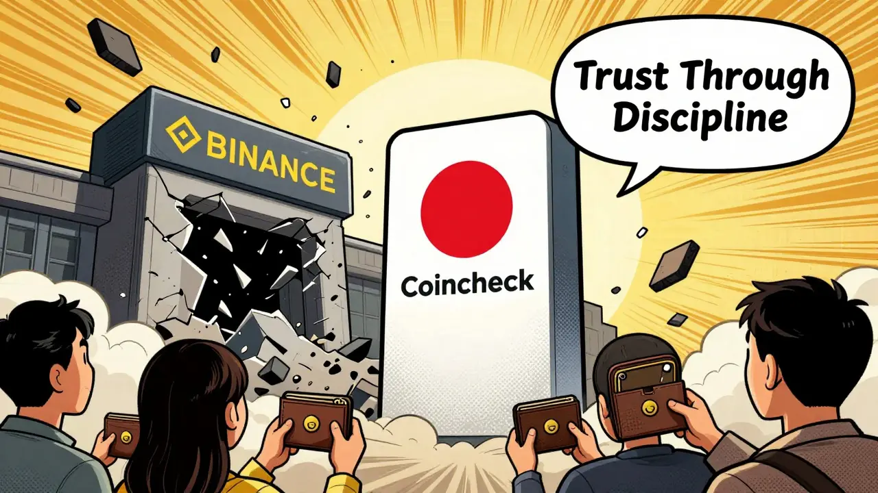A trusted Japanese crypto exchange stands strong as a foreign platform crumbles, symbolizing the power of strict regulation and user trust.