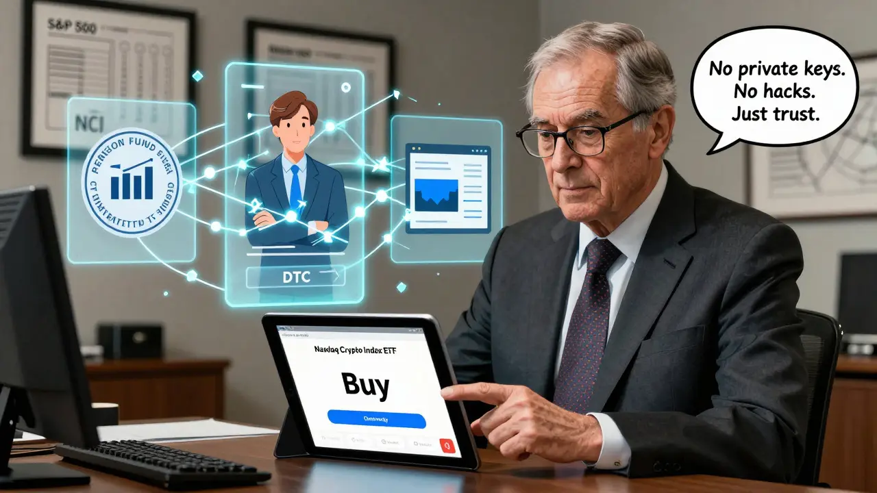 An elderly investor buys a crypto ETF on a tablet while institutional systems glow behind him in a quiet office.