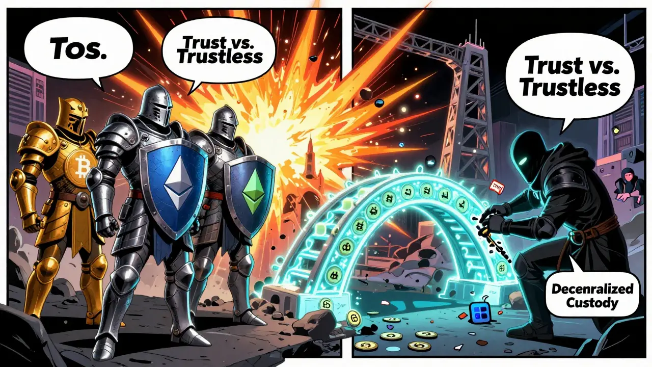 Battle between native token knights and a bridge of wrapped tokens, with Chainlink CCIP repairing it.