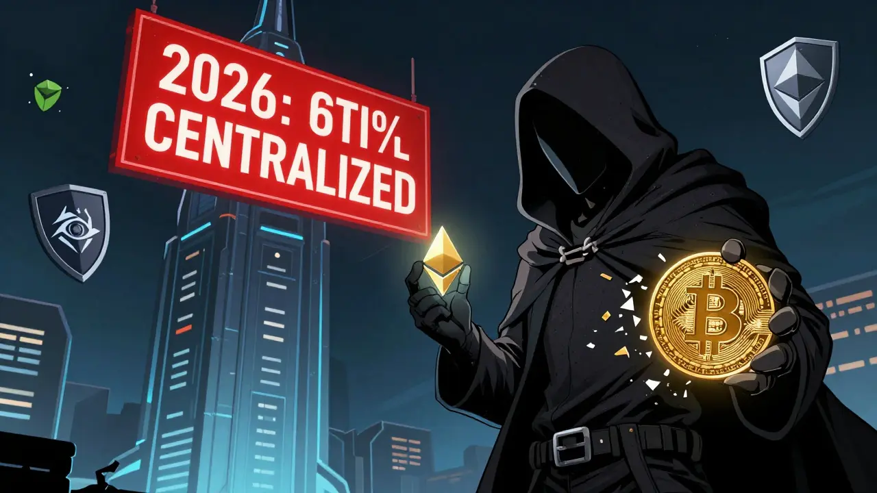 Bitcoin miner standing with native ETH against shattered wrapped token chain.