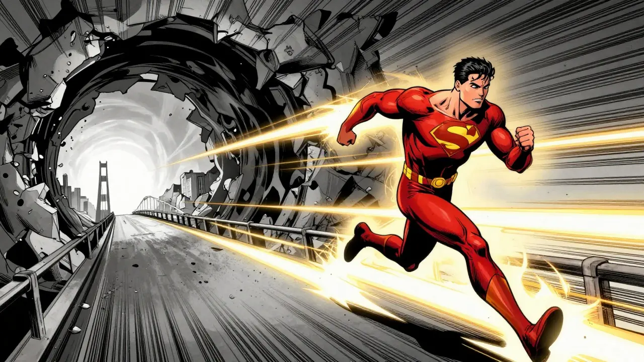 Character running away from dark portal towards bright horizon