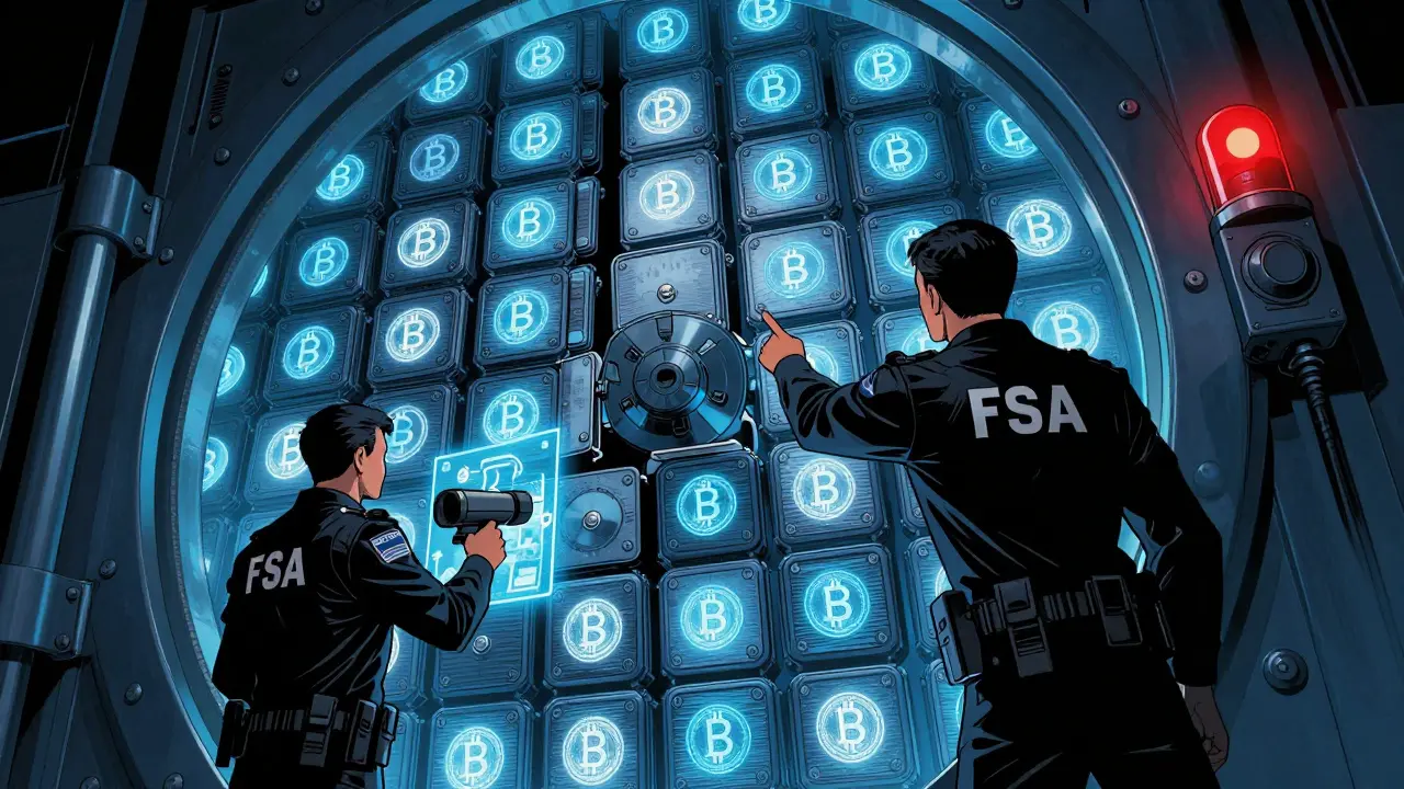 Compliance officers audit a vault of offline crypto wallets using holographic scanners, with alarms flashing for non-compliant exchanges.