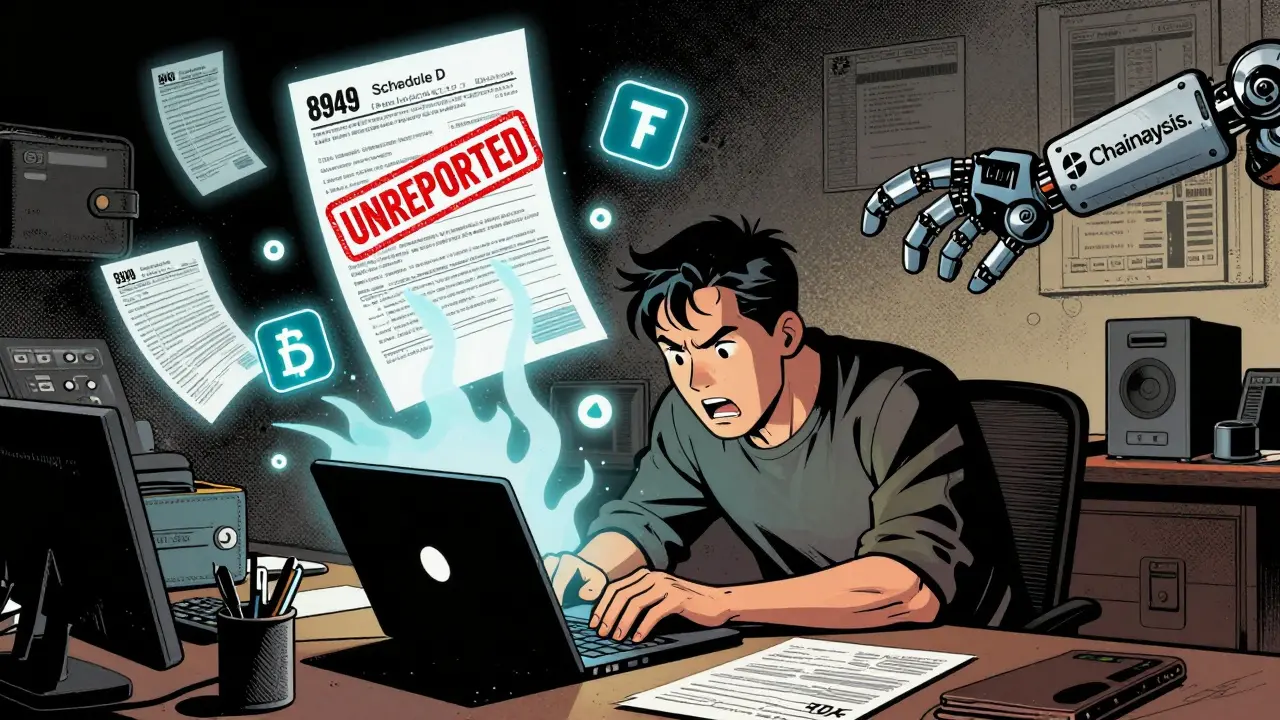 Crypto investor surrounded by floating digital assets and glowing tax forms, one stamped 'UNREPORTED'.