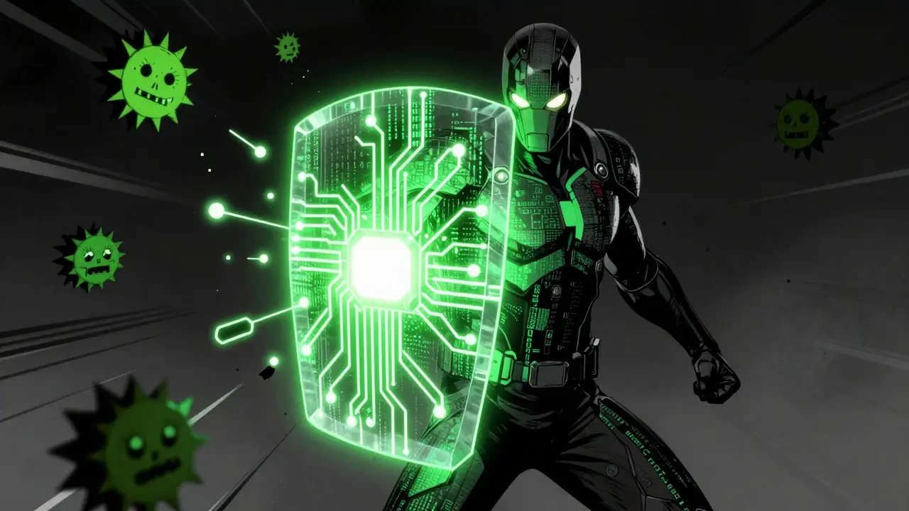 Cyber hero defending against dark projectiles with a glowing shield.