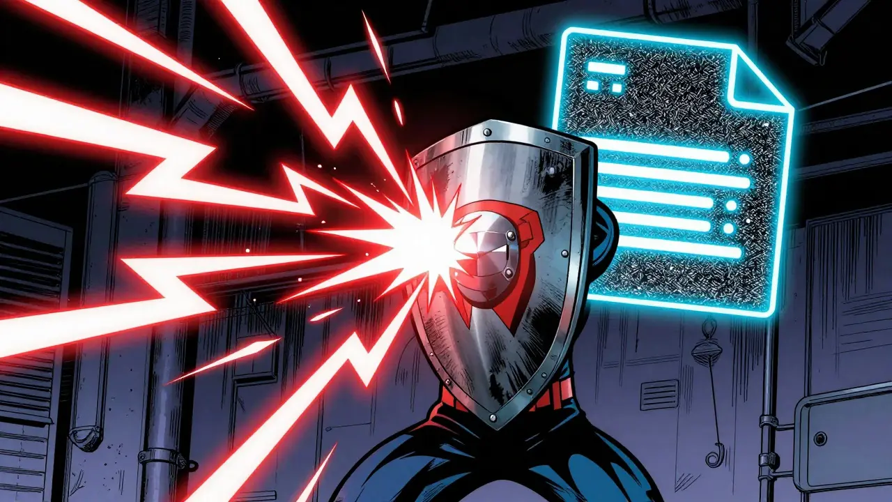 Defender blocks red legal warning lightning with shield