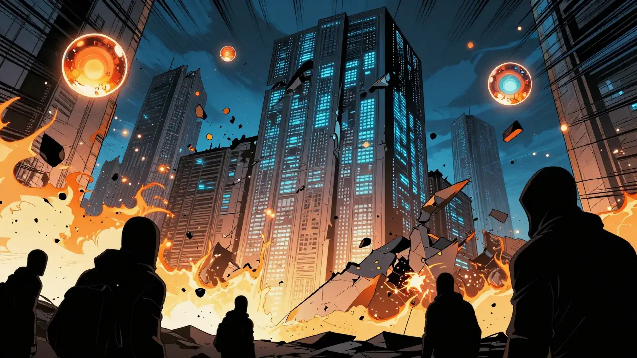 Digital fortress collapsing with hackers watching from shadows in bold comic illustration.