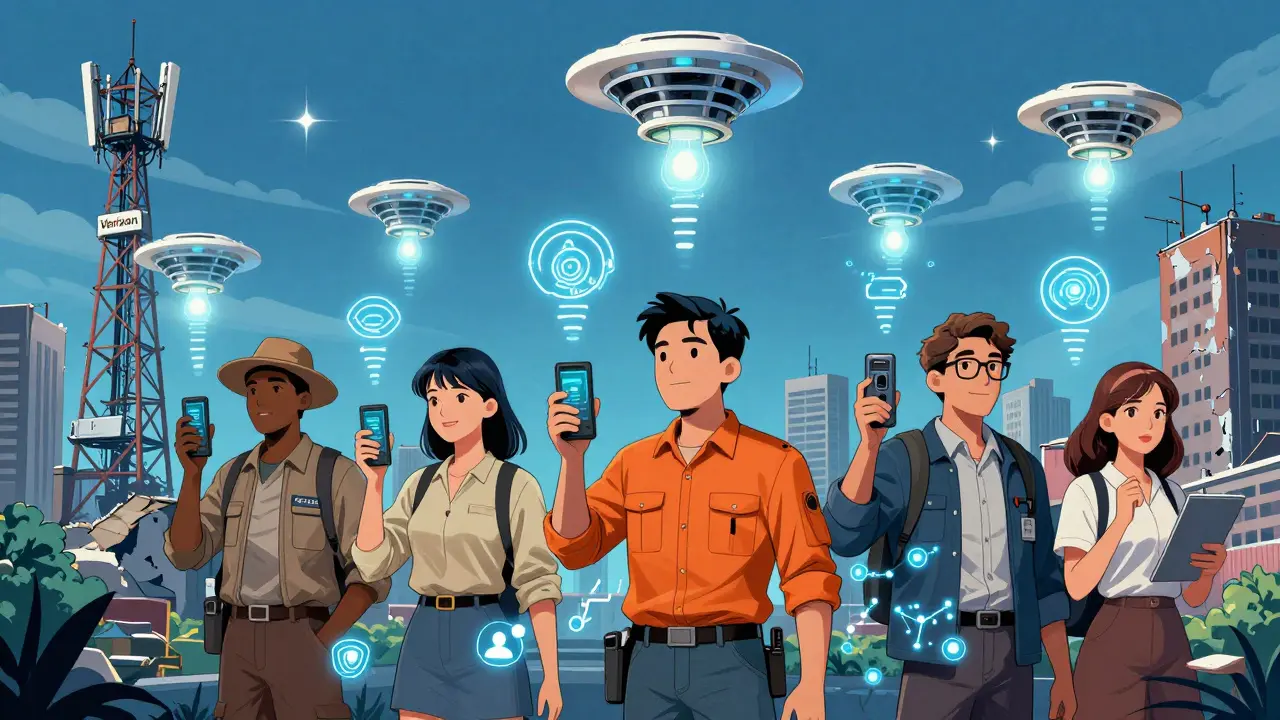 Everyday people use IoT devices connected to floating Helium hotspots, with Solana nodes and a router-based 5G tower rising above crumbling telecom towers.