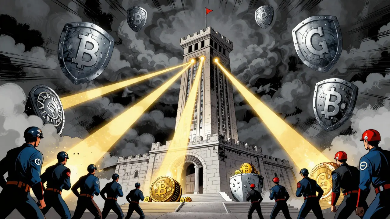 Fortified bank tower shielding digital assets from financial risks.