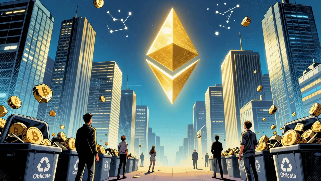 Futuristic city where wrapped tokens are discarded, and native ETH shines unchained in the sky.