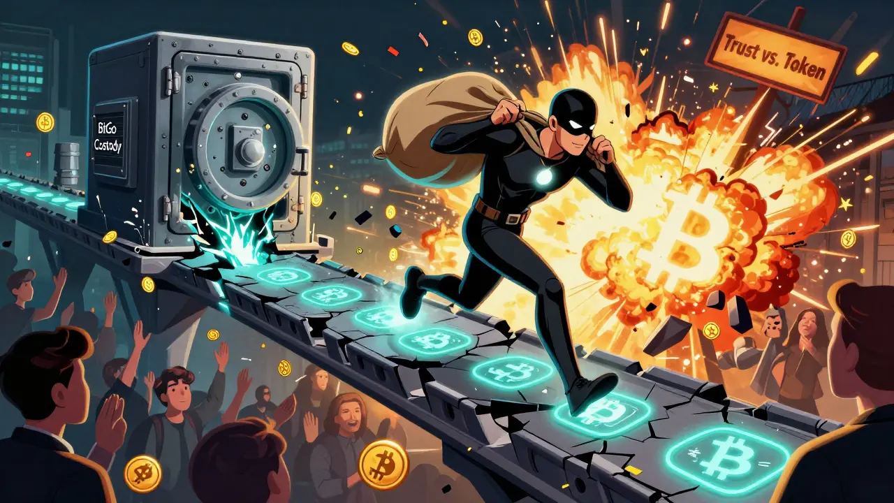Hero running across collapsing custody bridge as WBTC tokens rain down.