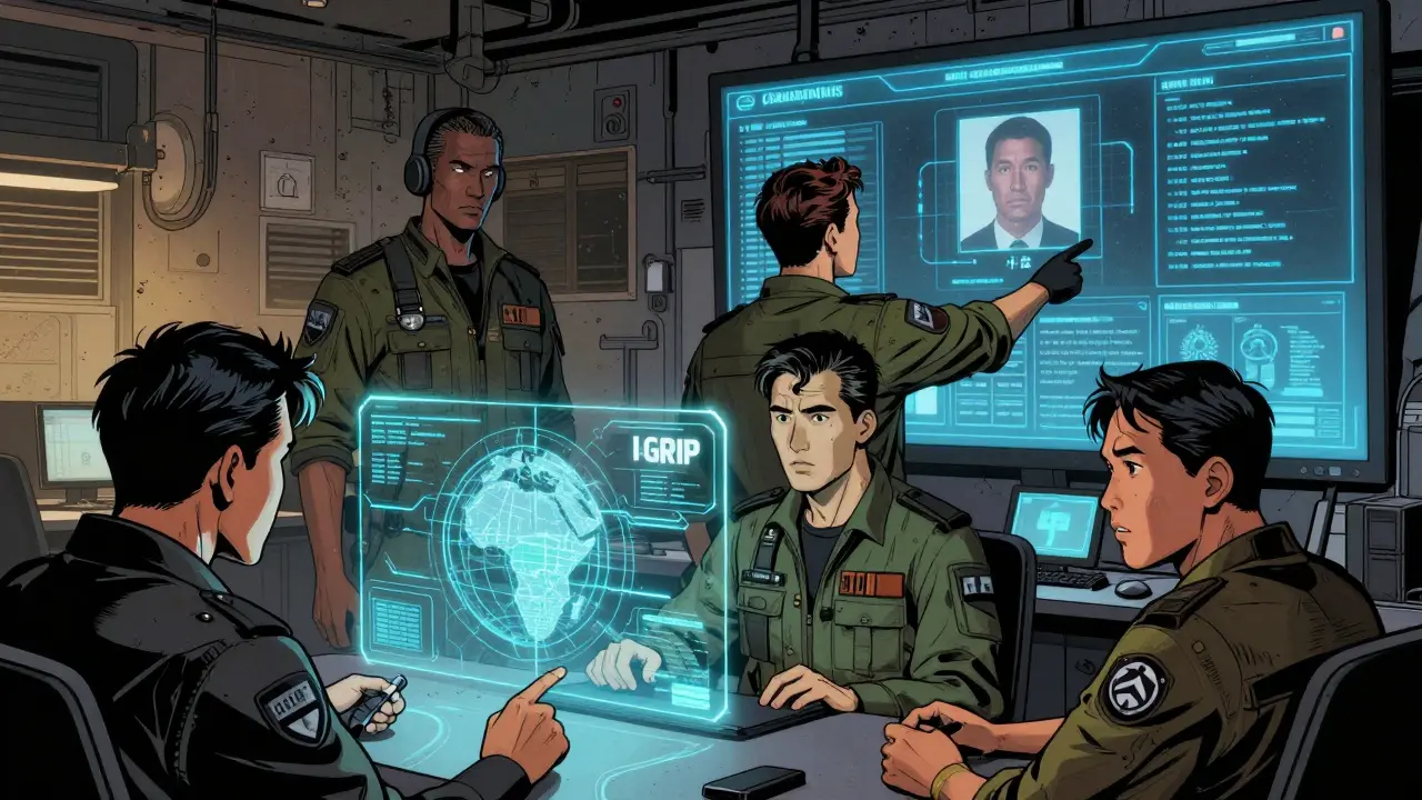 International agents collaborating in a high-tech command center using real-time blockchain tracking tools.