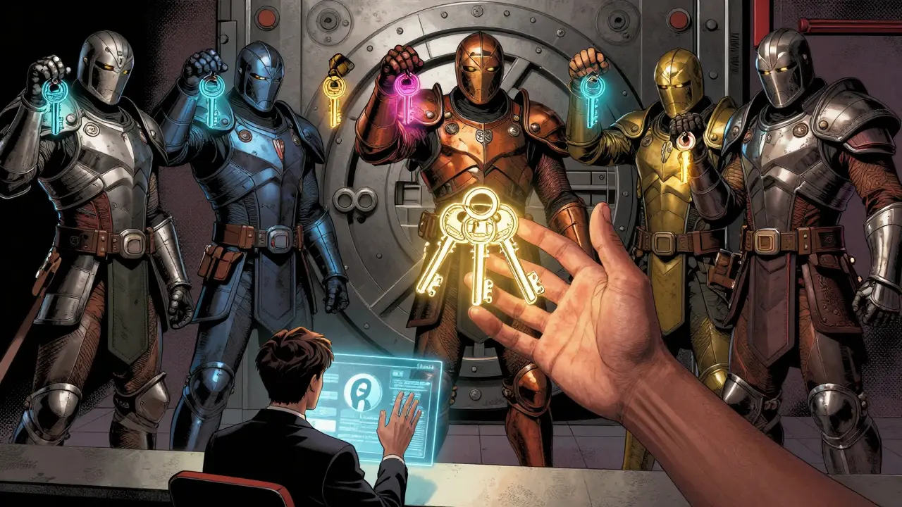 Seven guardians guard a multisig vault as four keys activate, while a small voter delegates remotely.