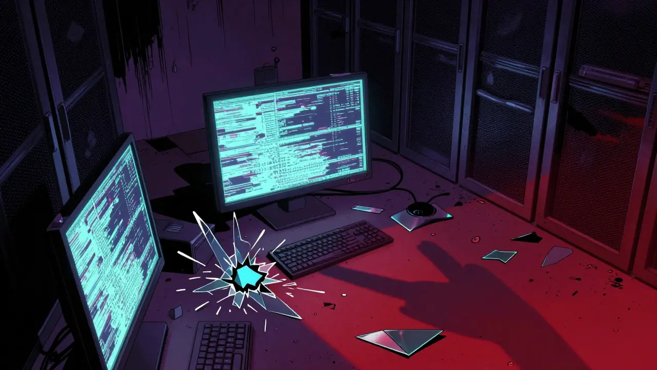 Shattered contract pieces on floor of abandoned server room