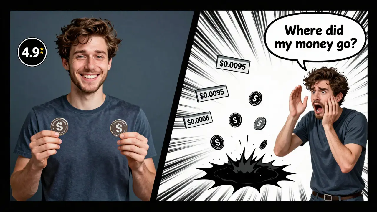 Split scene: one user happy staking tokens, another in panic as funds vanish into a low-liquidity black hole.