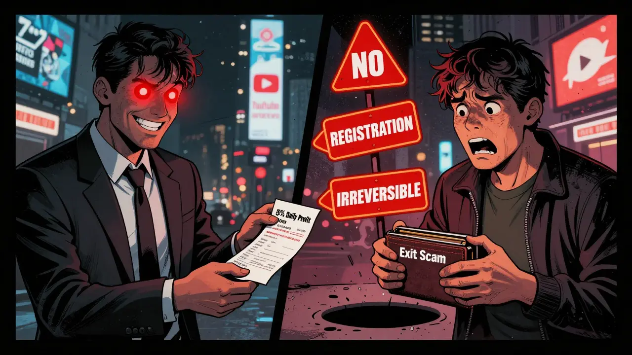 Split scene: scammer handing fake profit receipt while victim's crypto vanishes into a black hole labeled 'Exit Scam'.