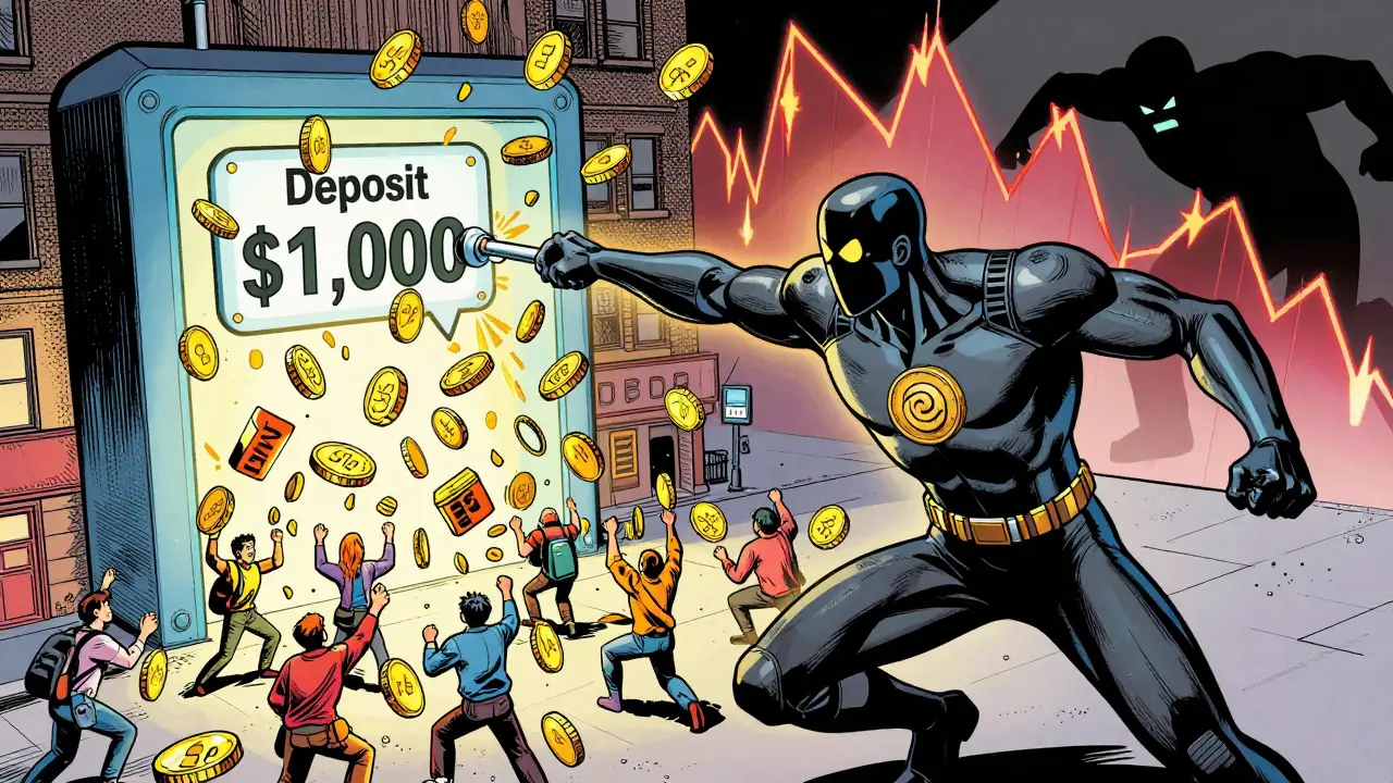 Superhero activates a smart contract, releasing a rain of crypto fees as impermanent loss looms as a shadowy villain in the background.