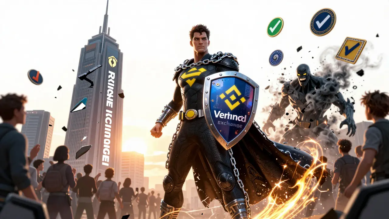 Superhero with blockchain cape shields investors from a crumbling Ring Exchange tower as scam symbols dissolve into smoke.