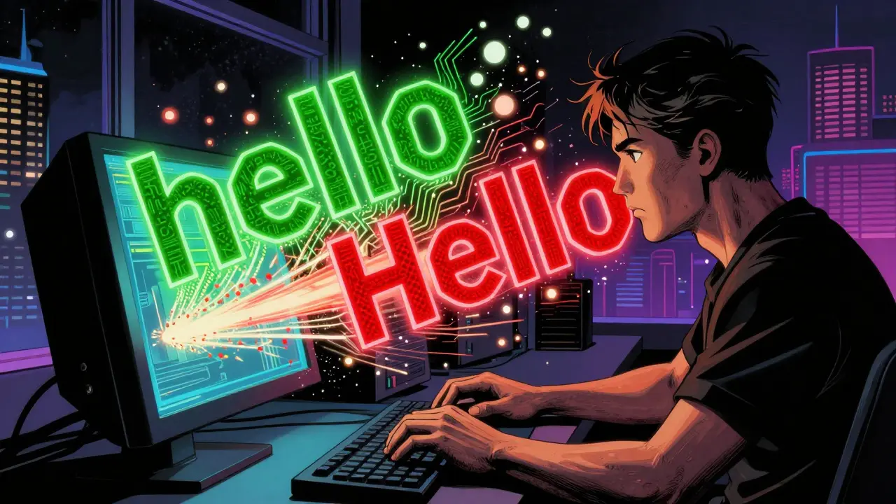 Two hash outputs explode into giant hex strings—one green, one red—as digital particles burst in an avalanche effect.