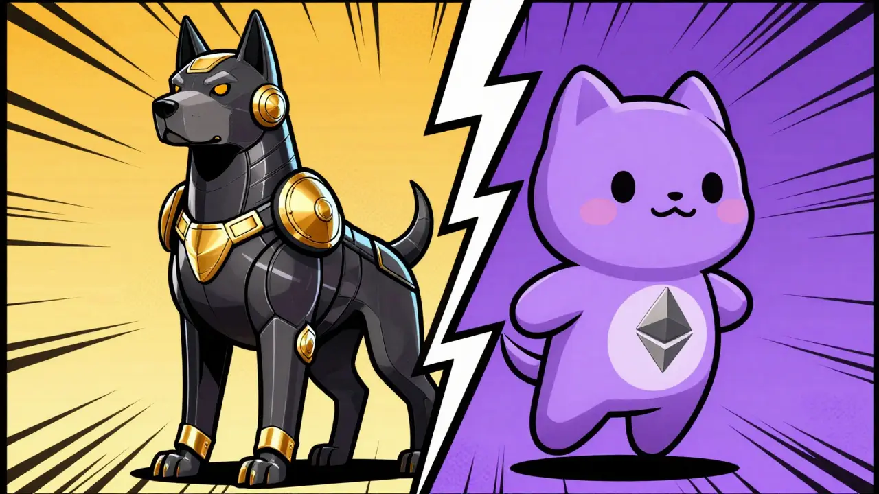 Two stylized dog figures separated by a crack showing different themes.