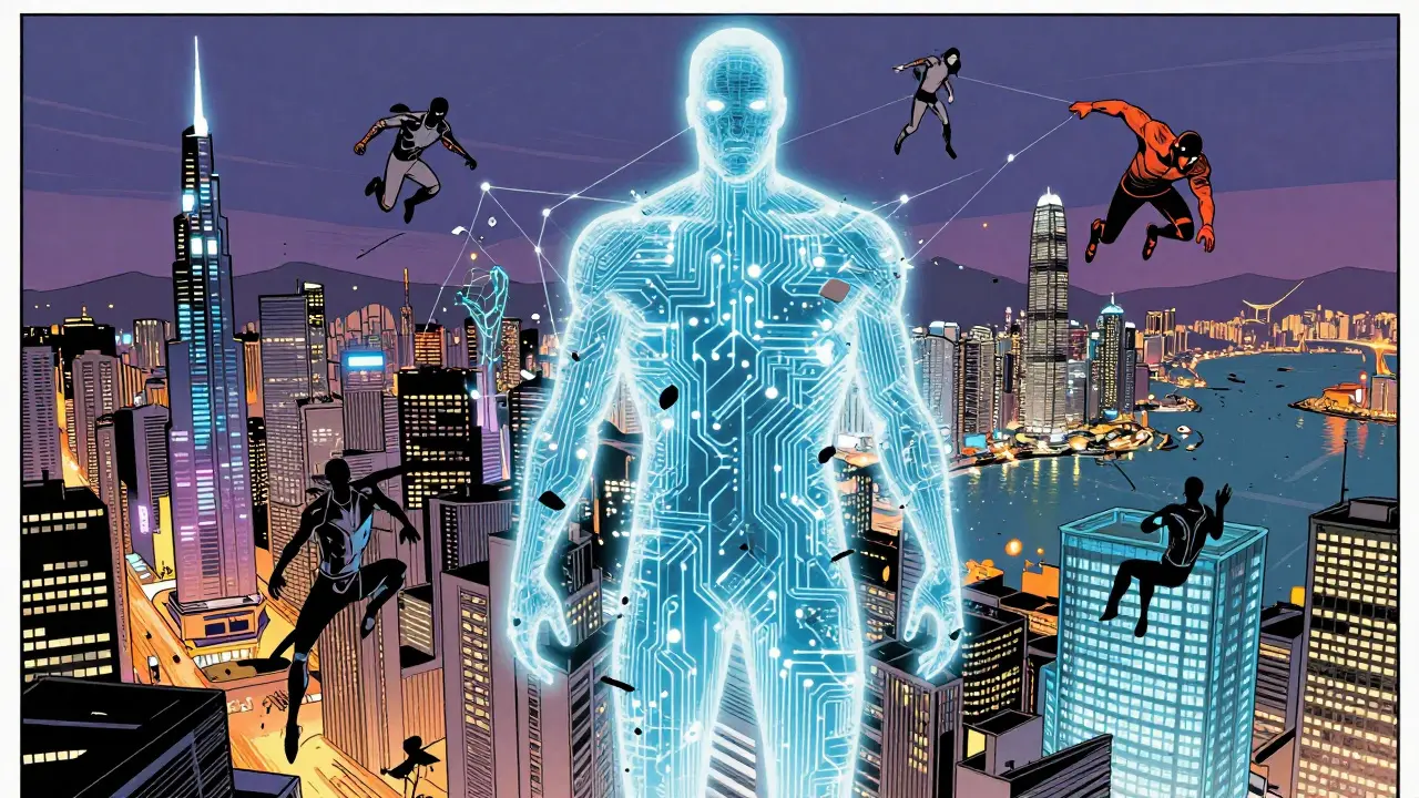 A digital phantom fragmenting into a global network across Dubai and Hong Kong.