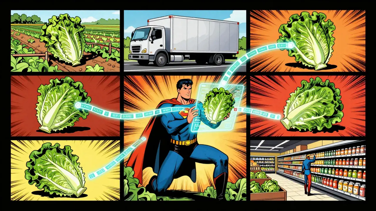 A digital thread tracking produce from farm to store through a shared ledger in comic book style.