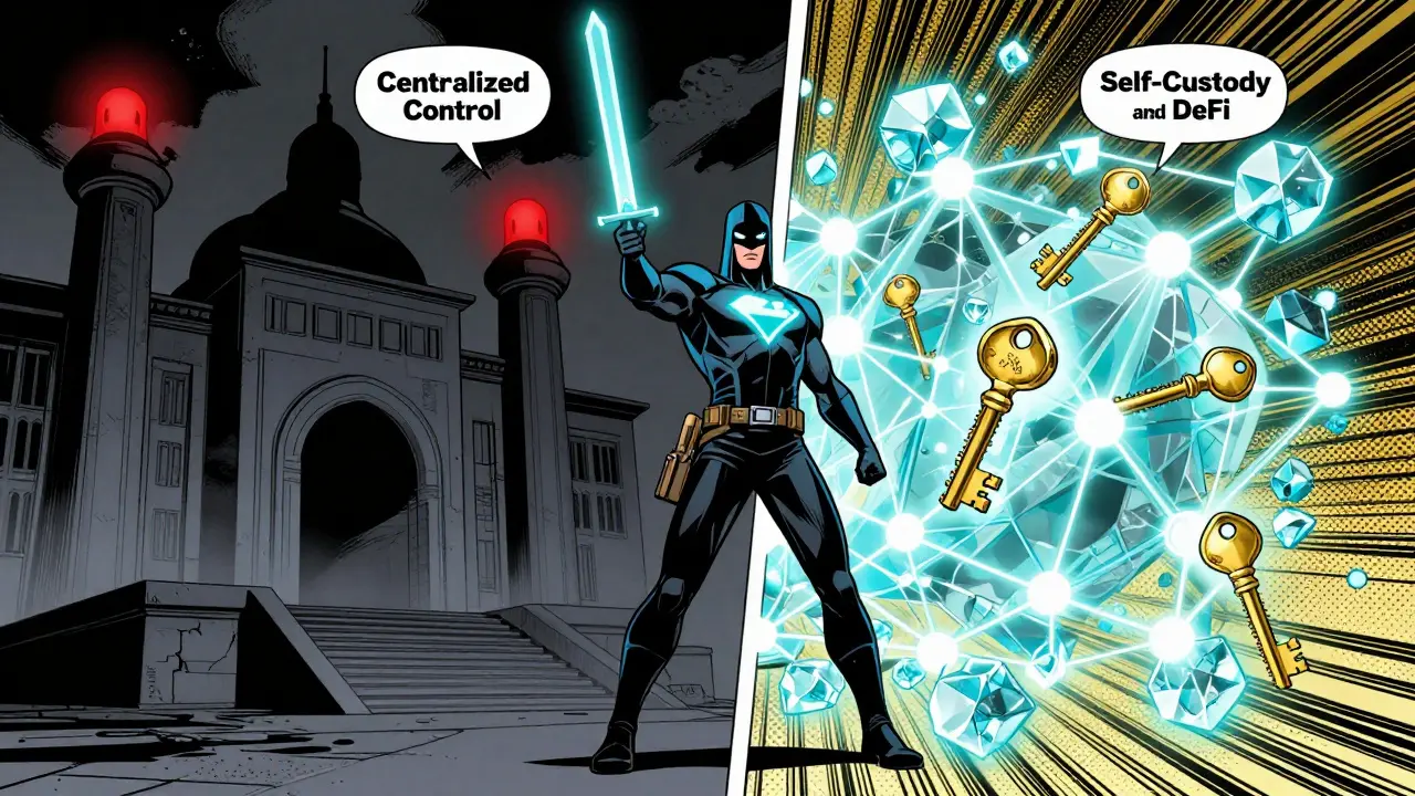 A digital warrior holding a glowing key between a dark government agency and a DeFi network.